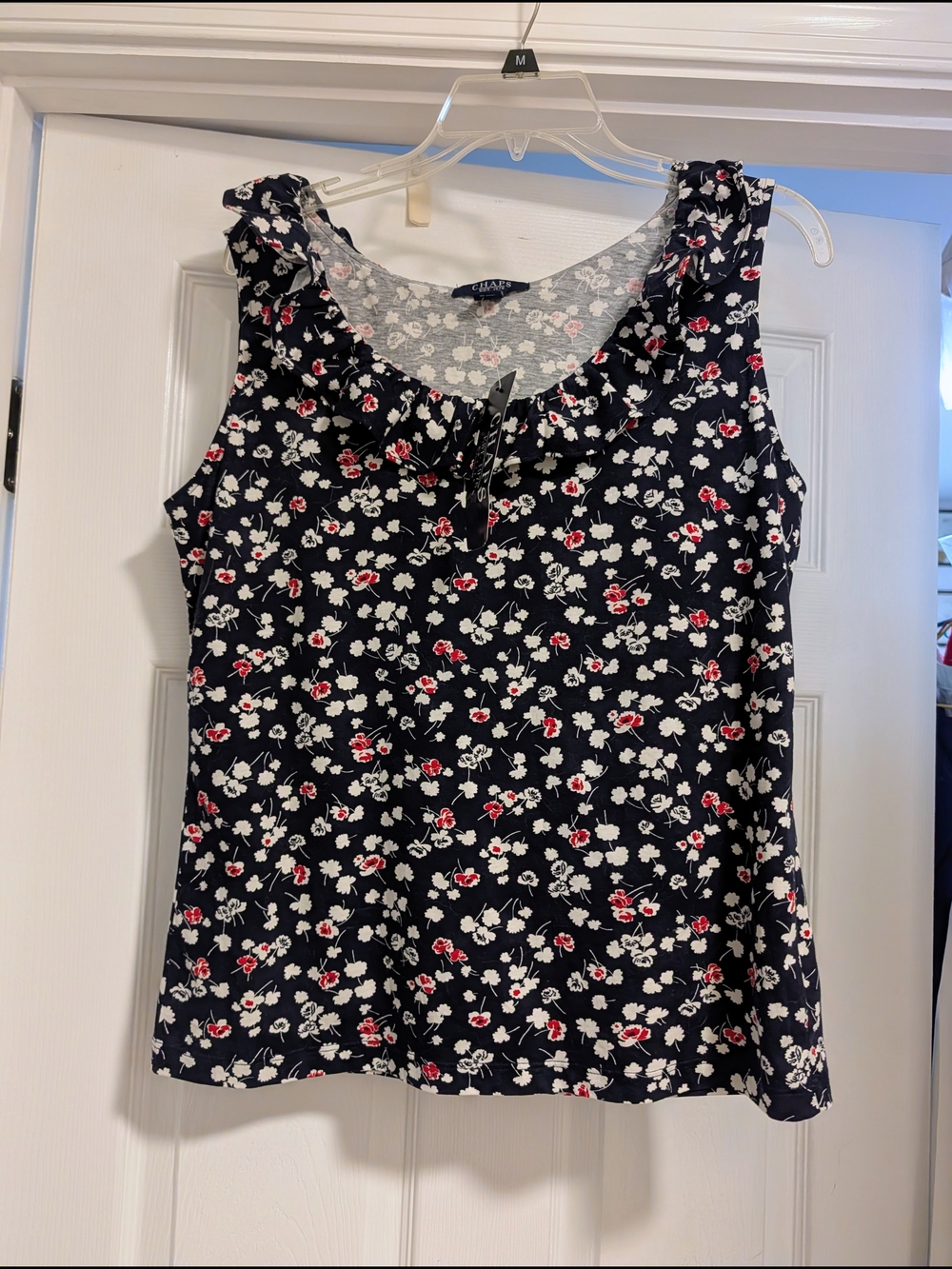 Chaps Navy Floral Ruffle Camisole with White & Red Flowers